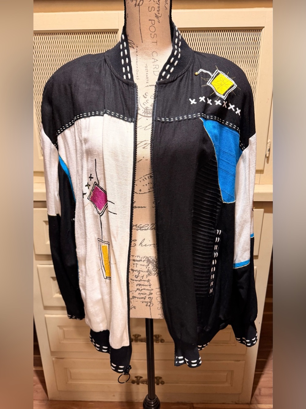 Vintage Kristen J Abstract Colorblock Embroidered Bomber Jacket